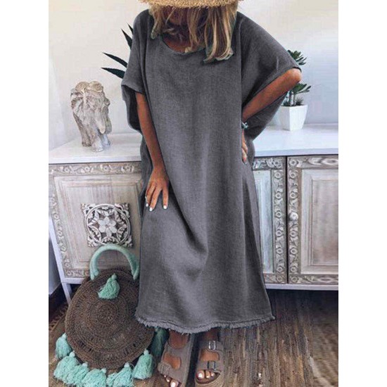 Plus Size Women Pure Color Crew Neck Loose Short Sleeve Dress