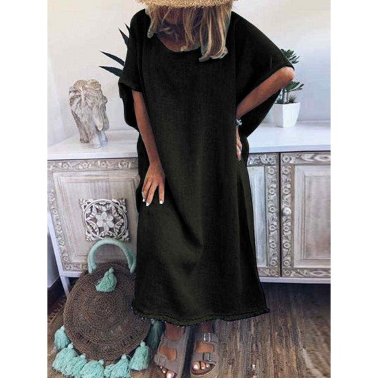 Plus Size Women Pure Color Crew Neck Loose Short Sleeve Dress