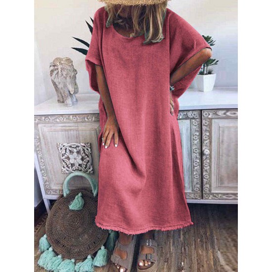Plus Size Women Pure Color Crew Neck Loose Short Sleeve Dress