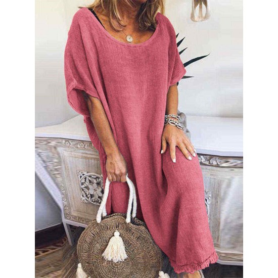 Plus Size Women Pure Color Crew Neck Loose Short Sleeve Dress