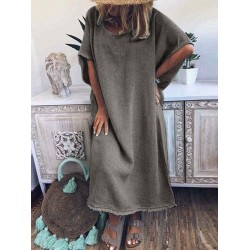 Plus Size Women Pure Color Crew Neck Loose Short Sleeve Dress