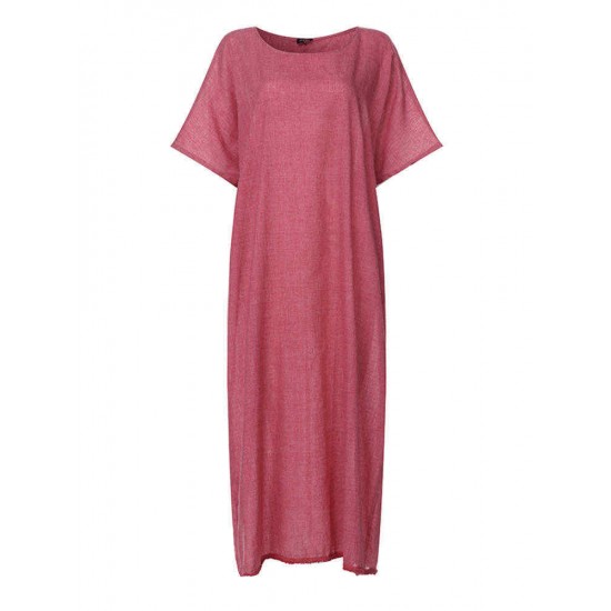 Plus Size Women Pure Color Crew Neck Loose Short Sleeve Dress