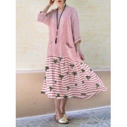 Plus Size Women Striped Casual Flare Autumn Pullover Long Shirt Dress