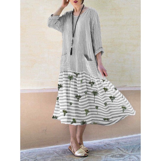 Plus Size Women Striped Casual Flare Autumn Pullover Long Shirt Dress