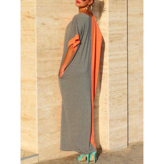 Plus Size Women Two-tone Patchwork Kaftan Maxi Dress