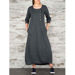 Plus Size Work Pure Color Crew Neck Three Quarter Sleeve Maxi Dress