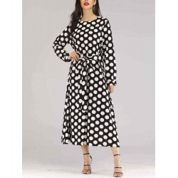 Polka Dot O-neck Long Sleeve Women Long Dress