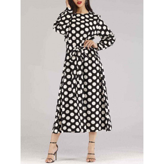 Polka Dot O-neck Long Sleeve Women Long Dress