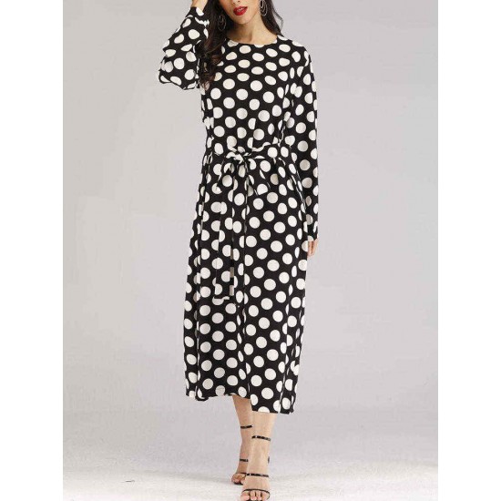 Polka Dot O-neck Long Sleeve Women Long Dress