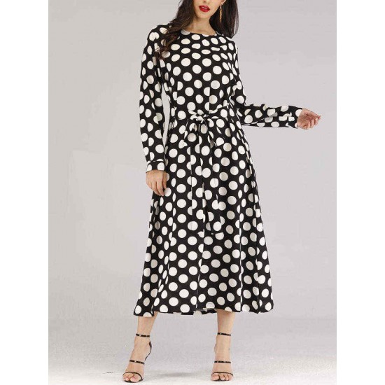 Polka Dot O-neck Long Sleeve Women Long Dress