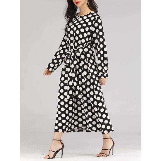 Polka Dot O-neck Long Sleeve Women Long Dress