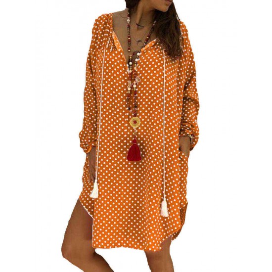 Polka Dot V-neck Long Sleeve Loose Plus Size Dress