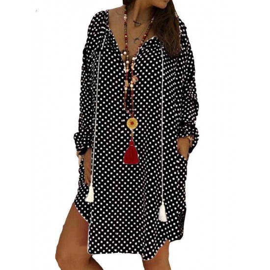 Polka Dot V-neck Long Sleeve Loose Plus Size Dress