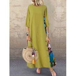 Print Splice Contrast Color Long Sleeve Vintage Dress