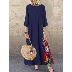 Print Splice Contrast Color Long Sleeve Vintage Dress