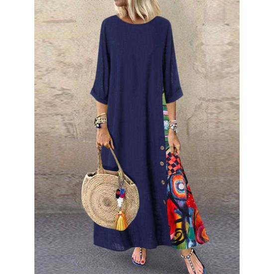 Print Splice Contrast Color Long Sleeve Vintage Dress