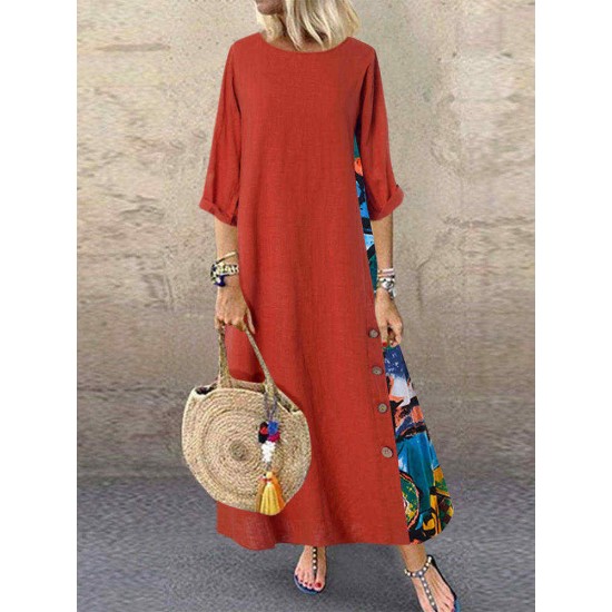 Print Splice Contrast Color Long Sleeve Vintage Dress
