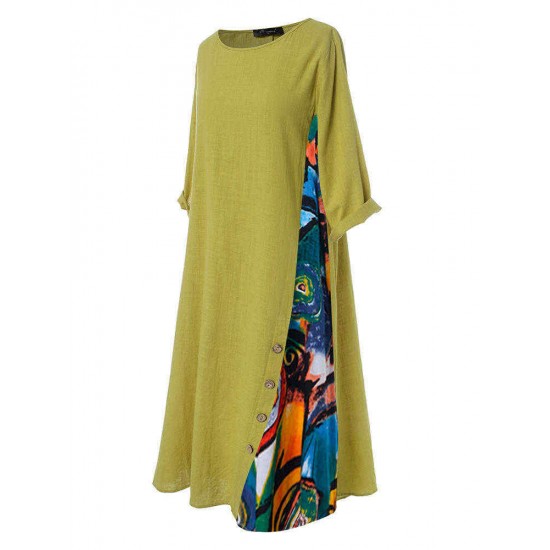 Print Splice Contrast Color Long Sleeve Vintage Dress