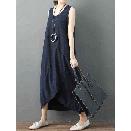 Pure Cotton Solid Irregular Split Maxi Dress