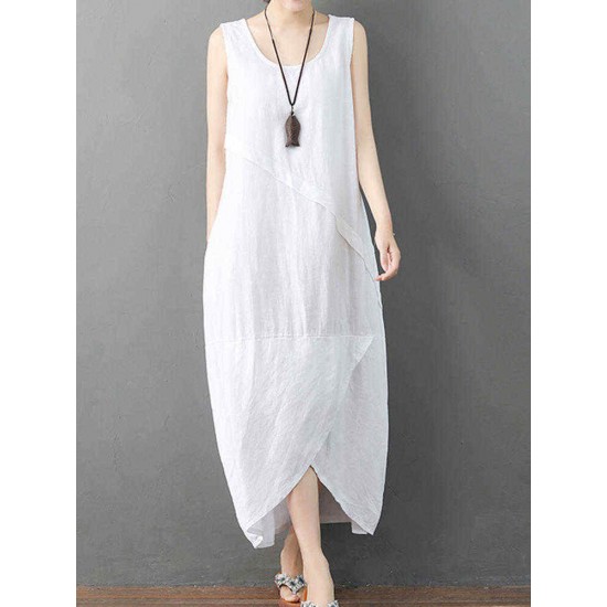 Pure Cotton Solid Irregular Split Maxi Dress