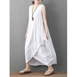 Pure Cotton Solid Irregular Split Maxi Dress