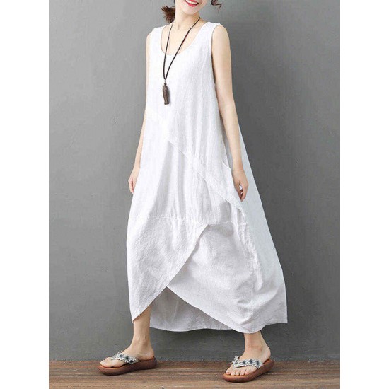 Pure Cotton Solid Irregular Split Maxi Dress