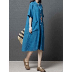 Ramie Solid Color Pocket Short Sleeve Shirts Dress