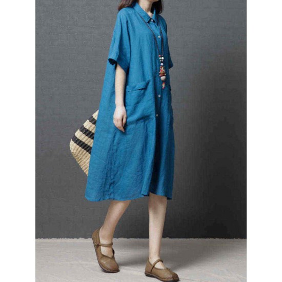 Ramie Solid Color Pocket Short Sleeve Shirts Dress Ramie Solid Color Pocket Short Sleeve Shirts Dress