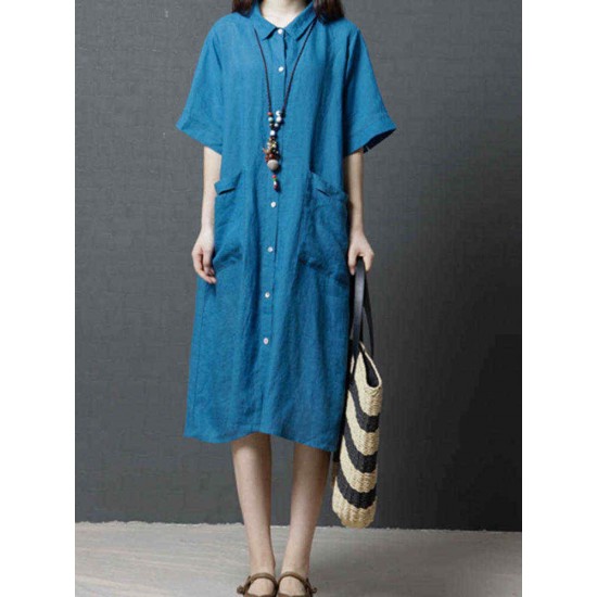 Ramie Solid Color Pocket Short Sleeve Shirts Dress Ramie Solid Color Pocket Short Sleeve Shirts Dress