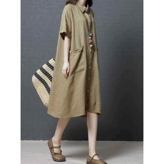 Ramie Solid Color Pocket Short Sleeve Shirts Dress Ramie Solid Color Pocket Short Sleeve Shirts Dress