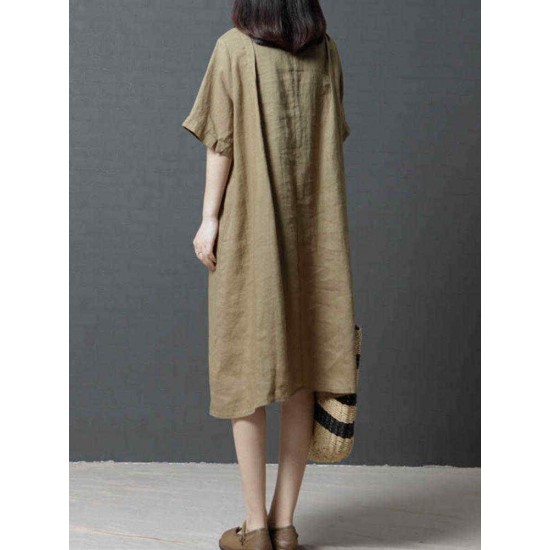 Ramie Solid Color Pocket Short Sleeve Shirts Dress Ramie Solid Color Pocket Short Sleeve Shirts Dress