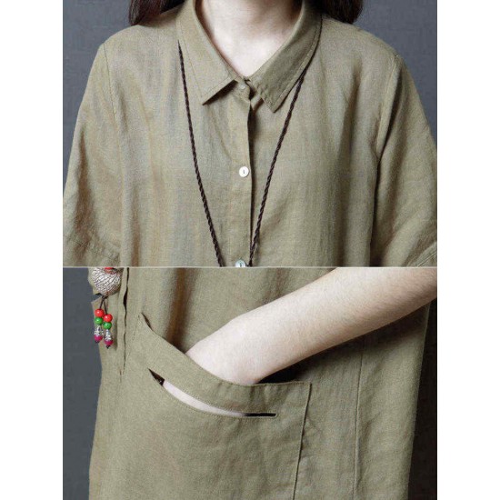 Ramie Solid Color Pocket Short Sleeve Shirts Dress Ramie Solid Color Pocket Short Sleeve Shirts Dress