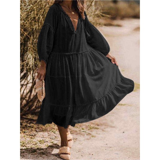 Ruffle Beach V-Neck Long Sleeve Casual Maxi Dress