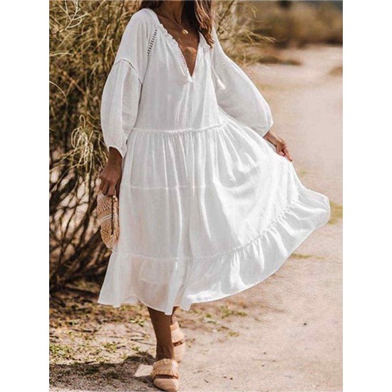 Ruffle Beach V-Neck Long Sleeve Casual Maxi Dress