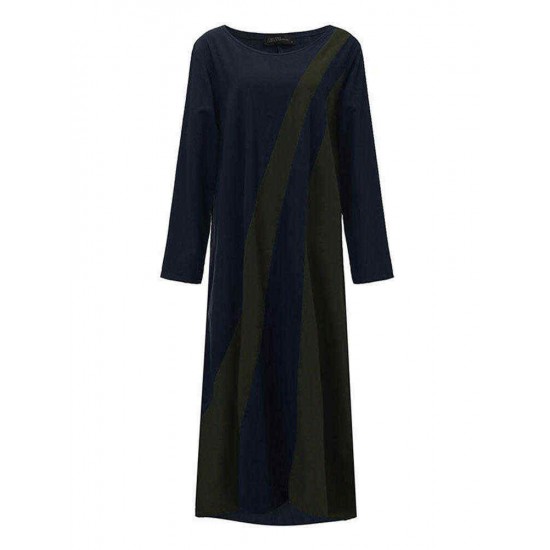 S-4XL Casual Women Color Patchwork Long Sleeve Dress