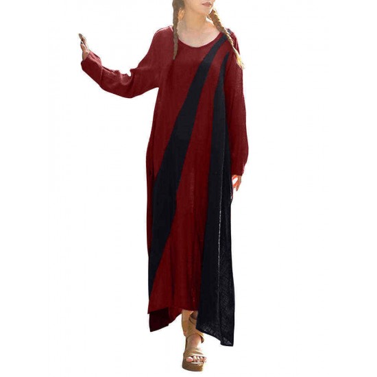 S-4XL Casual Women Color Patchwork Long Sleeve Dress