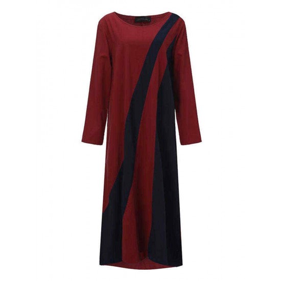 S-4XL Casual Women Color Patchwork Long Sleeve Dress