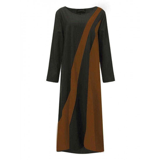 S-4XL Casual Women Color Patchwork Long Sleeve Dress