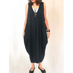 S-5XL Casual V-neck Sleeveless Solid Color Baggy Dress