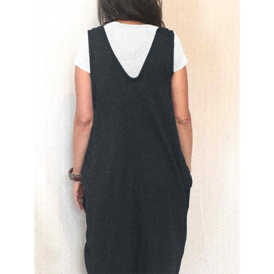 S-5XL Casual V-neck Sleeveless Solid Color Baggy Dress