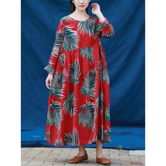 S-5XL Casual Women Leaves Printed Long Maxi Dress