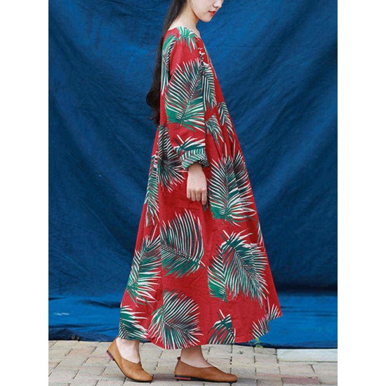 S-5XL Casual Women Leaves Printed Long Maxi Dress