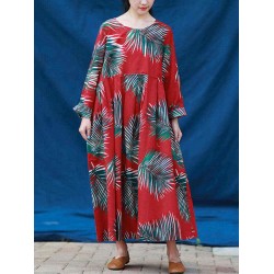 S-5XL Casual Women Leaves Printed Long Maxi Dress