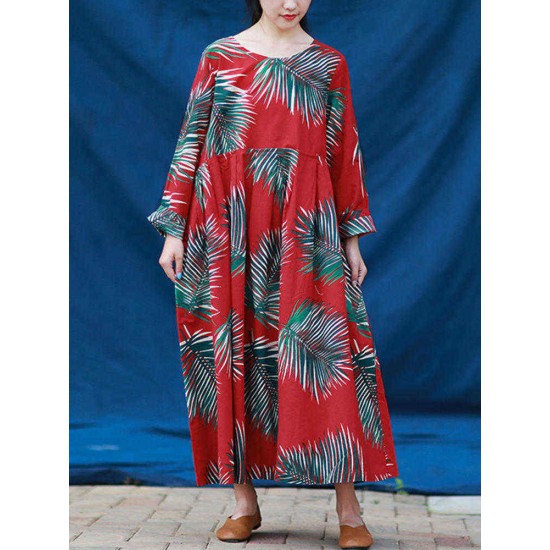 S-5XL Casual Women Leaves Printed Long Maxi Dress