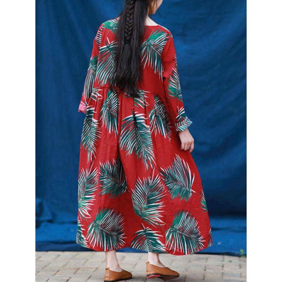 S-5XL Casual Women Leaves Printed Long Maxi Dress