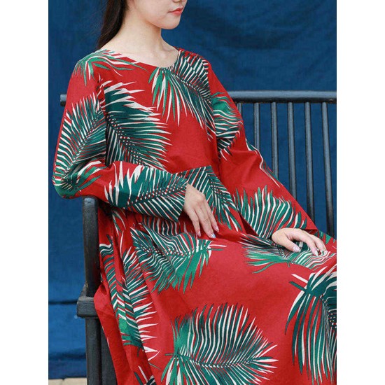 S-5XL Casual Women Leaves Printed Long Maxi Dress