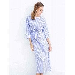 S-5XL Casual Women Stripe Long Maxi Dress with Belt