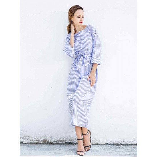 S-5XL Casual Women Stripe Long Maxi Dress with Belt