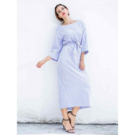 S-5XL Casual Women Stripe Long Maxi Dress with Belt