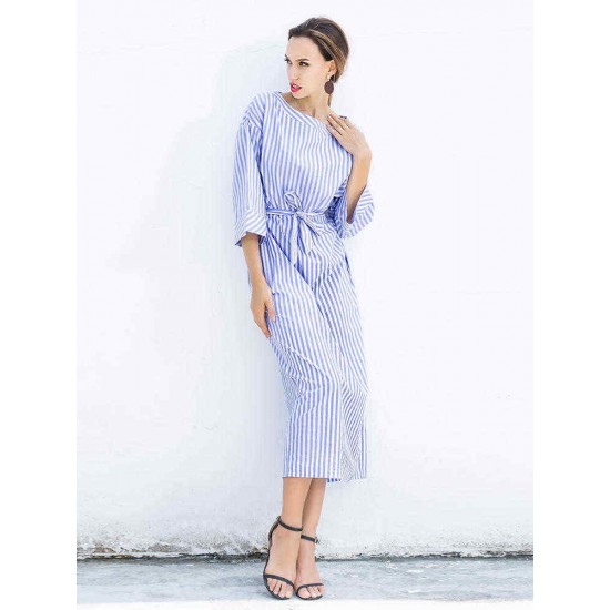 S-5XL Casual Women Stripe Long Maxi Dress with Belt